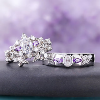 Angled view of the Carmilla moissanite and amethyst ring and enhancer beside the matching men's band, sold together as a couples set