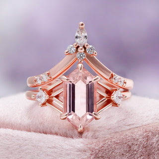 Celtic Hexagon Morganite Ring Set in 14K Rose Gold by Aquamarise, a hexagon-cut morganite with a marquise crown band on soft pink fur.