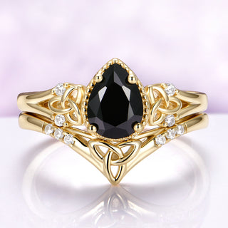 Celtic Knot Black Onyx Engagement Ring Set in Solid 14K Yellow Gold 