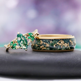 Celtic Knot Moss Agate & Gold Leaf Couples Ring Set