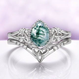 Celtic Knot Moss Agate Ring Set – Pear Moss Agate Engagement Ring in Rhodium Sterling Silver