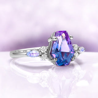 Coffin Cut Alexandrite & Moonstone Engagement Ring in 14K White Gold by Aquamarise Gold, featuring a unique coffin-shaped alexandrite with moonstone and diamond accents on a polished band.