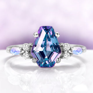 Coffin Cut Alexandrite & Moonstone Engagement Ring in 14K White Gold by Aquamarise Gold, featuring a unique geometric alexandrite center with moonstone accents on a sleek white gold band.