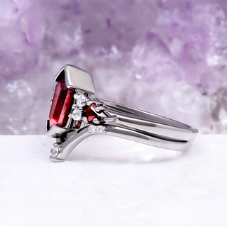 Coffin Kite Natural Red Garnet Ring Set in Black Ruthenium by Aquamarise, side profile showing the black chevron band stack.