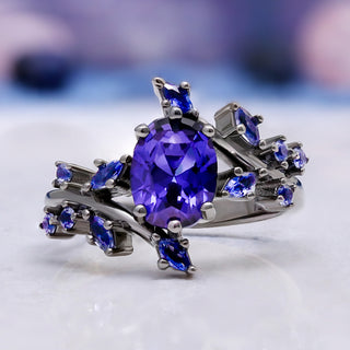 Cornflower Sapphire & Orion Nebula™ Couples Ring Set – shown on hand