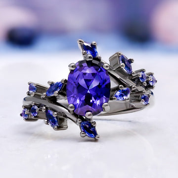 Cornflower Blue Sapphire Leaf Engagement Ring in Black Ruthenium