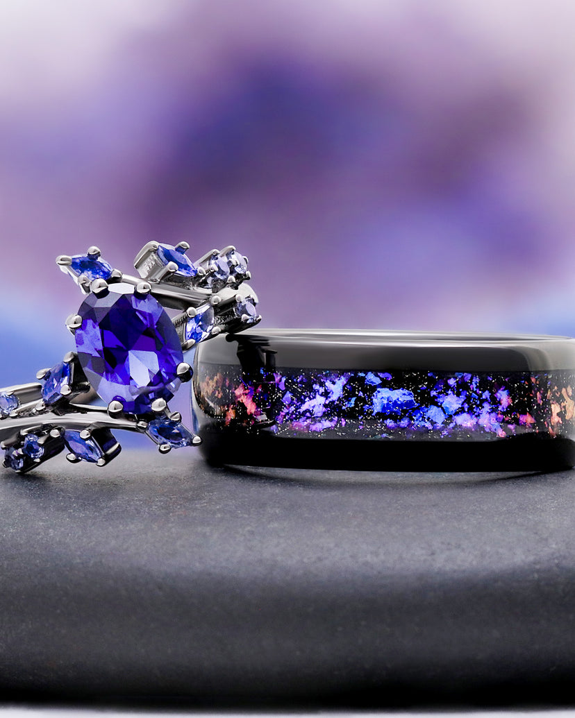 Cornflower Blue Sapphire Leaf Engagement Ring in Black Ruthenium – side profile view