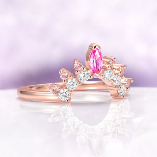Crown Tiara Marquise Ruby Curved Wedding Band in 14K Rose Gold Vermeil by Aquamarise, featuring a marquise ruby and white gemstones on a curved rose gold vermeil band.