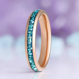 Crushed aquamarine inlay wedding band in rose gold tungsten, 4mm comfort fit