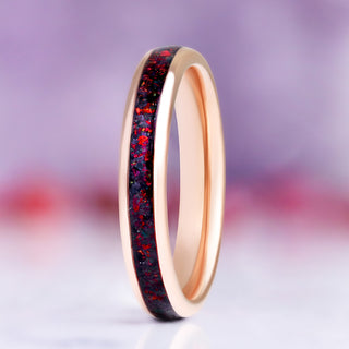 Crushed black fire opal wedding band in rose gold tungsten carbide, 4mm