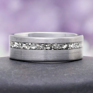 Crushed Diamond Mens Wedding Band in Silver Tungsten (8mm) by Aquamarise, featuring a brushed silver tungsten band with a crushed diamond inlay for a modern men’s ring design.