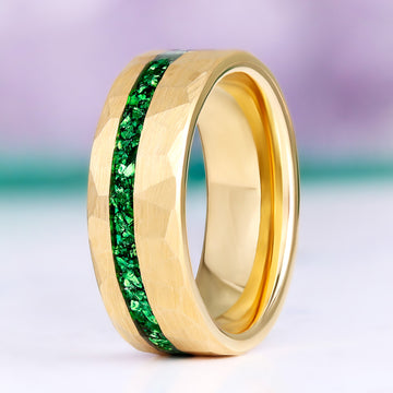 Crushed Emerald Hammered Wedding Band in Gold Tungsten by Aquamarise