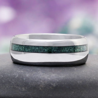 Skye Kite® Moss Agate Couples Ring Set featuring a polished band with a crushed green moss agate inlay, designed by Aquamarise for matching couples rings.