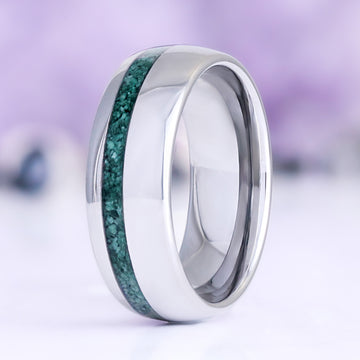 Skye Kite® Moss Agate Couples Ring Set featuring a polished silver band with a crushed green moss agate inlay, designed by Aquamarise as a unique matching couples ring.