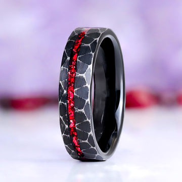 Crushed Red Garnet Dragon Men's Wedding Band in Black Tungsten (6mm)