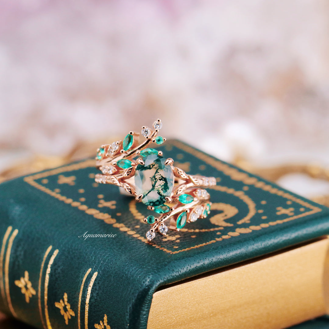 Moss Agate & Emerald Fairy Leaf Ring- 14K Rose Gold Vermeil