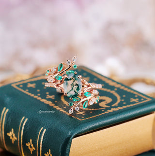 Green Moss Agate & Emerald Leaf Engagement Ring Set in 14K Solid Rose Gold