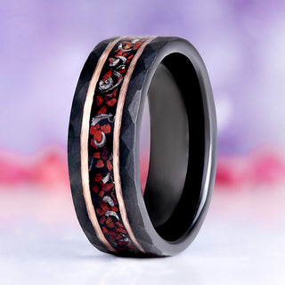 Dinosaur bone and meteorite hammered men's band in black and rose gold tungsten