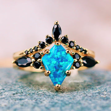 Skye Kite® Blue Fire Opal & Black Onyx Ring Set- 14K Yellow Gold Vermeil by Aquamarise with vibrant kite-shaped blue fire opal and black onyx stones in a luxurious yellow gold vermeil setting.