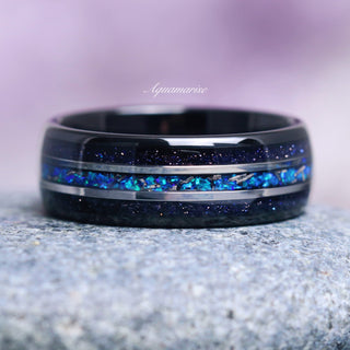 Starry Night, Meteorite & Blue Fire Opal Couples Ring Set