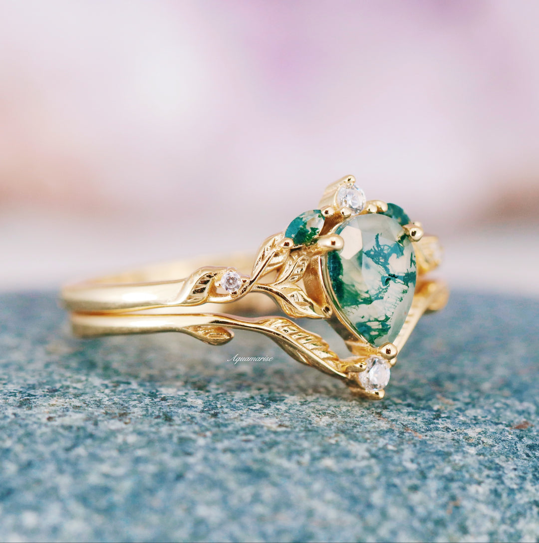 Airee Green Moss Agate  Feather Engagement Ring- 14K Yellow Gold Vermeil