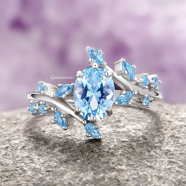 Aquamarine Leaf Couples Ring Set