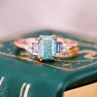 Light Blue Fire Opal & Opalescent Sapphire Engagement Ring in 14k Rose Gold Vermeil