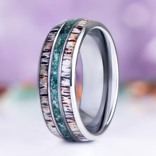 Elk Antler & Moss Agate Men's Wedding Band in Silver Tungsten Carbide (8mm)