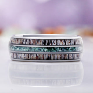 Elk Antler & Moss Agate Men's Wedding Band by Aquamarise, close-up of the antler and moss agate inlay