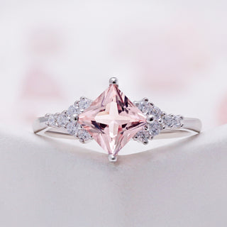 Ellie Princess Cut Morganite Engagement Ring in Sterling Silver by Aquamarise, angled view showing the princess-cut morganite and split shoulders.