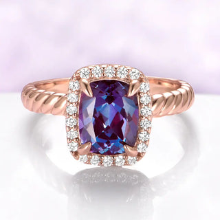 Elongated Cushion Halo Alexandrite Ring in 14K Rose Gold Vermeil