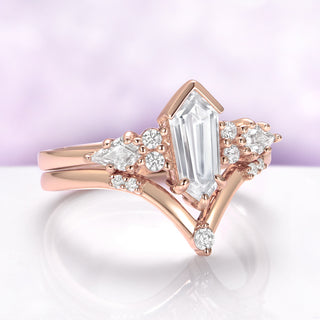 Elongated Hexagon Moissanite Engagement Ring Set in Solid 14K Rose Gold