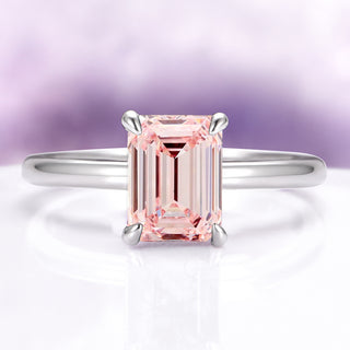 Emerald Cut Morganite Engagement Ring in 14K White Gold (Hidden Halo)