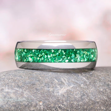Crushed Emerald Wedding Band- 8MM Tungsten by Aquamarise, featuring a polished silver band with vibrant crushed emerald inlay from men's wedding bands and May birthstone jewelry collections.