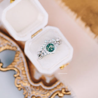 Moss Agate Fairy Leaf Ring Set in 14K White Gold