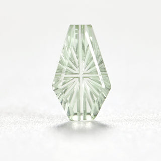 Faelight Cut lab-grown green sapphire coffin 6 x 10 mm loose gemstone, concave starburst facets, on white
