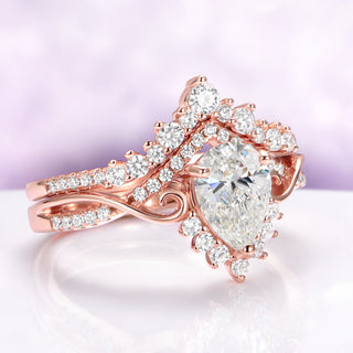 Faye Vintage Pear Shaped Moissanite Engagement Ring Set in Solid 14K Rose Gold