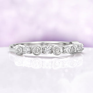 Floral Rose Wedding Band – 14K White Gold Flower Band – Dainty Nature Inspired Stacking Ring