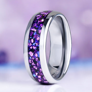 Galaxy Crushed Alexandrite & Fire Opal Wedding Band in Tungsten Carbide (8mm) by Aquamarise, upright view of the violet crushed inlay.