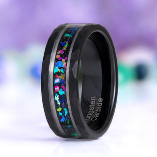 Mystic Topaz & Galaxy Opal Wedding Band in Tungsten Carbide (8mm) by Aquamarise, featuring a black faceted tungsten band with vibrant colorful topaz and opal inlay, a men’s statement ring.