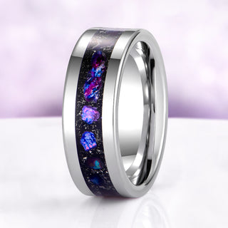 Silver ring with purple and blue cosmic design on a white background