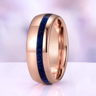 Rose Gold Coffin Cut Galaxy Sandstone Starry Night Couples Ring Set – shown on hand