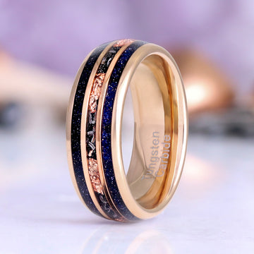 Galaxy Sandstone Couples Ring Set by Aquamarise, featuring a rose gold tungsten band with glittering blue sandstone and textured metallic inlay from Matching Couples' Rings and Starry Night™ collections.