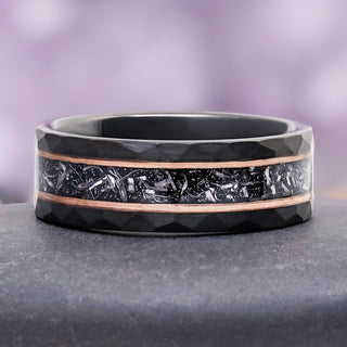 Skye Kite® Galaxy Salt & Pepper (Herkimer) Diamond & Meteorite Couples Ring Set featuring black tungsten carbide with meteorite inlay and rose gold vermeil accents by Aquamarise.