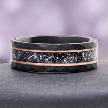 Skye Kite® Galaxy Salt & Pepper (Herkimer) Diamond & Meteorite Couples Ring Set featuring black tungsten carbide with meteorite inlay and rose gold vermeil accents by Aquamarise.