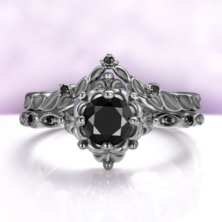 Gothic Vintage Floral Ring Set in Black Ruthenium
