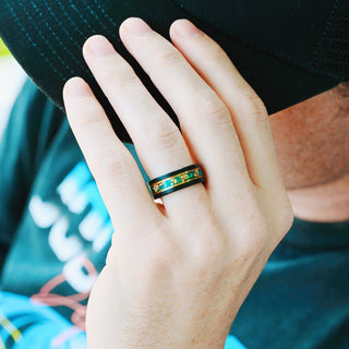 Green Fire Opal & Gold Leaf Wedding Band- 8mm Tungsten