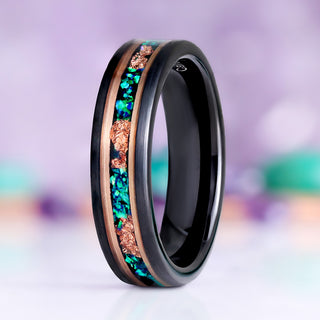 Green Fire Opal Men's Wedding Band in Rose Gold/Black Tungsten (6mm & 8mm)