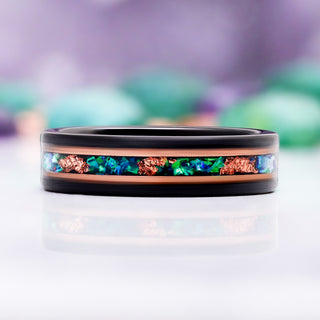 Green Fire Opal Men's Wedding Band in Rose Gold and Black Tungsten by Aquamarise, side profile view