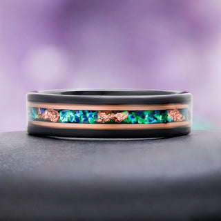 Green Fire Opal Men's Wedding Band in Rose Gold and Black Tungsten by Aquamarise, close-up of the opal inlay